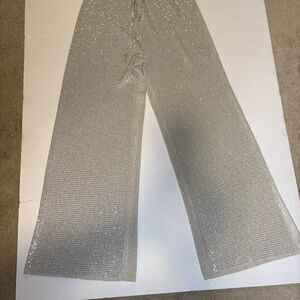 Ontwelfth Shimmering Sparkly Knit Wide-Leg Pants Silver Lace-Up Womens